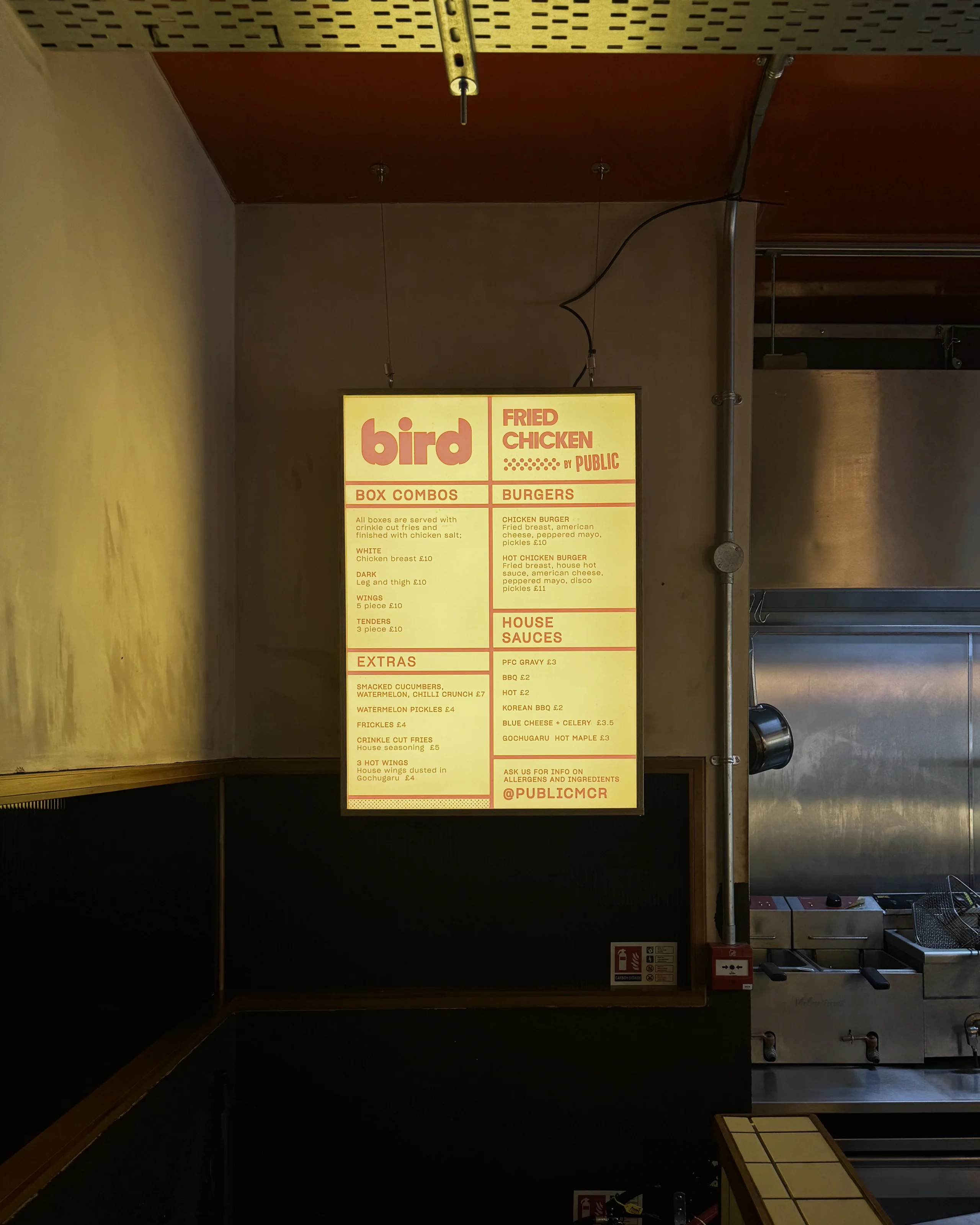 Backlit Bird fried chicken menu board printed for Public in Manchester